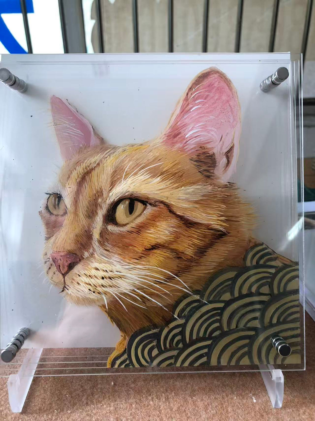 Handmade custom 3D acrylic pet portrait of an orange tabby cat, personalized gift for pet lovers